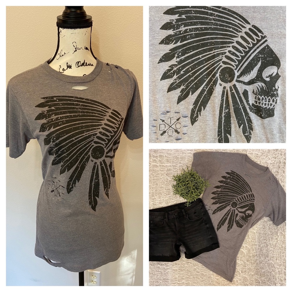 Apache Camo Skull Distressed T Shirt Short Sleeve Scoop Neck Tee Top Gray Small